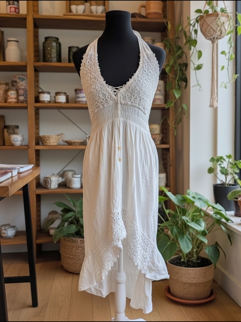 Seaspice Resortwear White V-Neck Crotchet Hi Low Halter Boho Midi Dress M